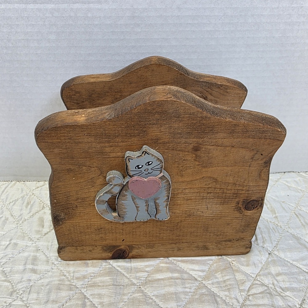 Vintage Cottage GrannyCore Wooden Cat Napkin Holder Heart Country Farmhouse Flaw